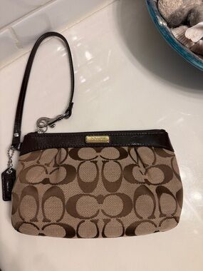 Coach Beige & Brown Signature Canvas Wristlet with Dark Brown Trim